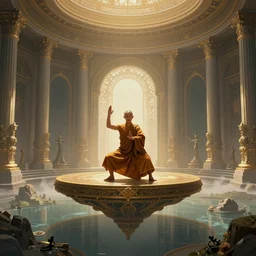 a religious scifi room, monk doing tai chi on a floating circular platform in the center, symmetrical shot, center framing, elegant, cinematic shot, intricate digital painting artstation concept art smooth sharp focus illustration, art by artgerm and greg rutkowski and alphonse mucha