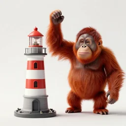 travel poster artwork by michael whelan and tomer hanuka, rendering of red orangutan shaking lighthouse toy, high contrast, full of details, by makoto shinkai and thomas kinkade, matte painting, trending on artstation and unreal engine