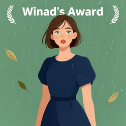 a white woman with puffy lips, short hair, green eyes on a green background, the rain is falling along with dried leaves, she is using a navy blue dress, award - winning illustration trending on artstation