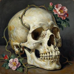 Decaying cracked giant skull from which grow entangle vines and rich blooms, painted in the style of the old masters, painterly, thick heavy impasto, expressive impressionist style, painted with a palette knife