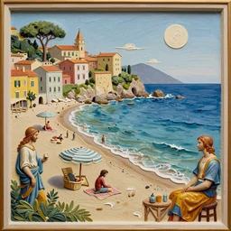 a beautiful italian beach scene, painted in 3 d impasto relief style by various renaissance artists