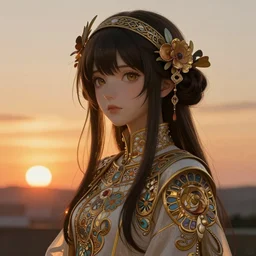 anime girl, sunset backdrop, art by mappa and ilya kuvshinov, portrait, intricate, highly detailed, digital painting, digital art, golden hour lighting, trending on pixiv fanbox, trending on artstation, concept art, sharp focus, illustration art by artgerm and greg rutkowski and alphonse mucha, wlop, unreal engine, 4 k