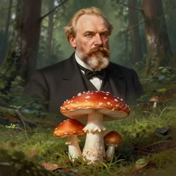 photo of vladimir lenin is a mushroom in the forest, highly detailed, digital painting, artstation, smooth, sharp focus, illustration, art by artgerm and greg rutkowski and alphonse mucha