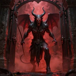 satan raging at people at the gates to hell, red mist. realistic, octane render, trending on artstation