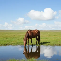 a horse drinks water by the water on an endless grassland with a reflection of the sky in the water, a clear sky with white clouds by tiziano vecellio
