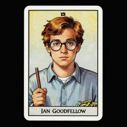 Ian Goodfellow in glasses portrayed on a tarot card