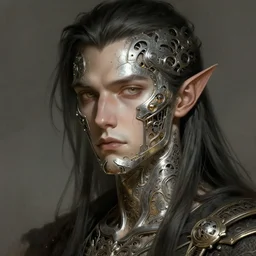 wizard man, metal parts embedded into face, intricate, elegant, highly detailed, digital painting, trending on artstation, concept art, smooth, sharp focus, cyberpunk, illustration, art by artgerm and greg rutkowski and alphonse mucha, 8 k