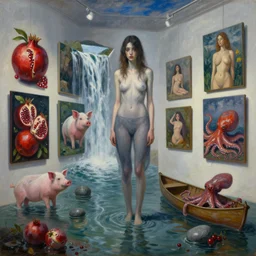 painting of a flooded barcelona art gallery, painting of a tall emo girl, paintings on the wall, pomegranates, waterfall,, pigs, octopus, canoe, berries, stones, sensual, surrealist, by magritte and monet