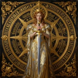 hyper realistic painting portrait of the princess of swords, occult diagram, elaborate details, rococo, baroque, gothic, intrincate ornaments, gold decoration, caligraphy, occult art, illuminated manuscript, oil painting, art noveau