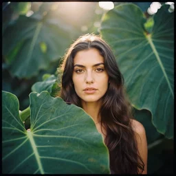 A color analog 35mm film portrait photography of a woman behind wide big leaves by Flora Borsi. Cinematic. long hair. Agfa Vista 800 film. detailed. hq. realistic. warm light. lens flare. helios 44m.