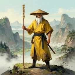 a single chinese battle monk, wearing a faded dark yellow toga, straw hat, holding a long wooden staff that is perpendicular to the floor, long white beard, stands on top of a mountain in the background a beautiful valley with mountains, full body shown, highly detailed, fantastical, drawn in the style of marc simonetti
