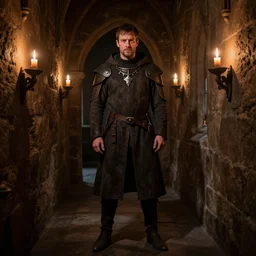 michael c hall in a hallway, medieval, high contrast, highly detailed, candlelight