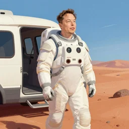 an ilustration in pastel colors of elon musk arriving to mars