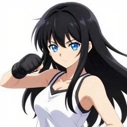 beautiful anime portrait of a female fighter!! long black hair! blue eyes! fighting stance!!!! intricate ornate gold and black outfit!!! elegant, artbook, illustration, fine details by stanley artgerm lau, wlop, rossdraws, james jean, andrei riabovitchev, marc simonetti, and sakimichan, trending on artstation