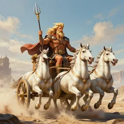 Poseidon riding a chariot pulled by hippocampi while holding his trident, 4K detail, artstation