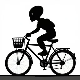 a silhouette of an alien making a big jump with bike with a basket in front of it, flying, a silhouette of trees and big grass, big shiny moon on the background at night, photograph, award winning