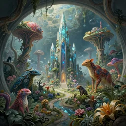 internal Cristal City in the internal earth with lots of vegetation and beautiful strange animals. by moebius, epic composition, sci-fi, intricate, elegant, highly detailed, digital painting, sharp focus