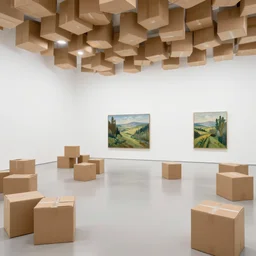a white room in a modern art gallery with a parque floor & & & & is filled!!! ( to the ceiling )!!! with ( cardboard boxes )!!!, a single detailed landscape painting by anthony copely fielding on the back wall.