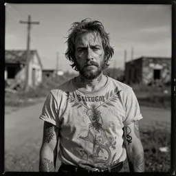 tintype photograph, post - nuclear town, old man, tattooed man, sad man, 2 0 9 0 s