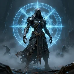 character and environment design, ( ( biomechanical ) ) arcanist, tattered!!! robe and hood, fractal summoning circle, blue light, fog, scary, arrogant, hostile, photorealistic, cinematic, hyper realistic, octane render, 8 k, wide angle