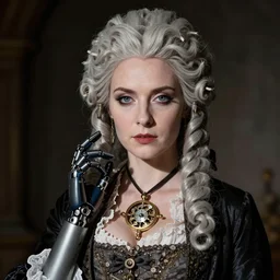 a stoic, beautiful female vampire. Gothic, French Aristocrat. Powdered wig, artificial prosthetics. Canon eos. Strong keylight and heavy shadows. Intricate Clockwork. -6
