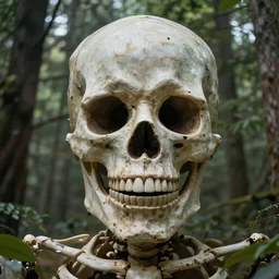 close up of a giant living skeleton in the forest, 8k, godlike face with a smile on its face looking down on the viewer