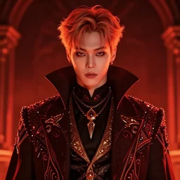 park jimin as a vampire. wearing intricate styled outfit, semi realism, anime realism, symmetrical face, slim face, distinctive features, appealing, photorealism, uhd, amazing depth, glowing, golden ratio, sakimichan, greg rutowski, volumetric lighting, cinematic lighting, red orange lighting, artstation concept art