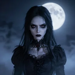 full shot portrait of angry darkness anime girl at moonlight, gothic wearing, worrying eyes, inspired by Tim Burton, highly detailed, unreal engine 4k volumetric light, fog,