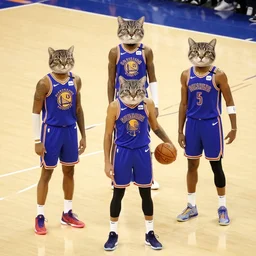 nba players on court with cat heads realistic