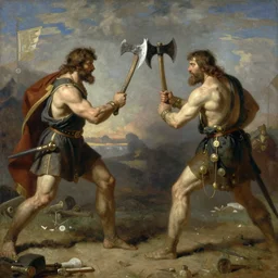 duel between two ax - wielding bearded armed men. wide - angle. by ilya repin