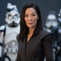 michelle yeoh playing as luke sywalker in star wars ( 1 9 7 7 ) sharp focus, shallow depth of field, 4 k editorial photograph, cinematic lighting