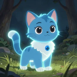illustration of a glowing cute blue warrior cat in grassy field, tree, detailed concept art, artstation, warrior cats, shading,