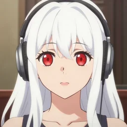 anime film still portrait of a japanese young woman, large, red eyes, white hair!!!!!, long, wearing wireless headphones, cute face by ilya kuvshinov, bakemonogatari, masakazu katsura, rimlight, fine details, fine - face, 4 k, long white hair, flat