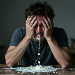 Dramatic photo of a man crying over spilled milk, emotional, sad