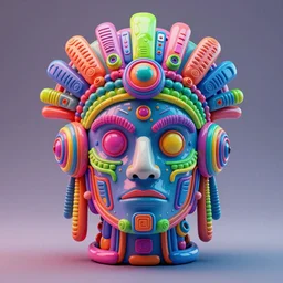 a glossy claymodel of a dieselpunk aztec futuristic robot head with eeg sensors, 8 k, front shot, symetrical, flourescent colors, halluzinogenic, multicolored, insanely detailed, front shot, 3 d render, octane