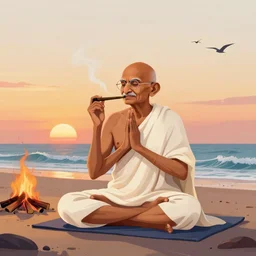 gandhi, sitting in a yoga pose, smoking a blunt, on a beach sunset, campfire, waves, birds matte painting concept art, art nouveau, beautifully backlit, vibrant color lines, highly detailed, digital art, hyper realistic