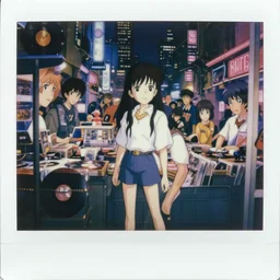 a full body polaroid portrait of a 1 9 8 0's disney girl 1 2 9 working at a 1 2 4 vinyl stall, finely detailed features, closeup at the faces, perfect art, busy cyberpunk city, gapmoe yandere grimdark, trending on pixiv fanbox, painted by ilya kushinov makoto shinkai takashi takeuchi studio ghibli, akihiko yoshida,