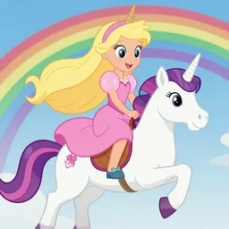 a princess with extremely long blond hair from a cartoon riding a unicorn over a rainbow render as pixar movie