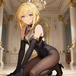 Worksafe. Close-up, blonde girl posing in luxury palace hall, wearing leotard, jewelry, elbow gloves, choker, pantyhose tights, high heels. Anime style at Pixiv, by krenz cushart, extremely detailed, HD, high quality, perfect, sharp focus, soft volumetric studio lighting