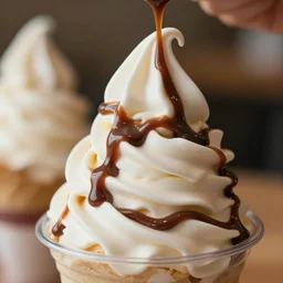 soft serve ice cream swirl with too much nutella pouring all over. beautiful tasty delightful cinematic. s 3 5 mm f / 2. 8 macro is stm