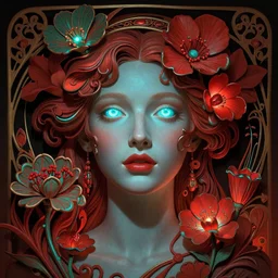 darna, wax figure, glowing eyes, volumetric lights, red and cyan theme, art nouveau botanicals, intricate, highly detailed, digital painting, artstation, concept art, smooth, sharp focus, cinematic, illustration, beautiful face, art by artgerm and greg rutkowski and alphonse mucha