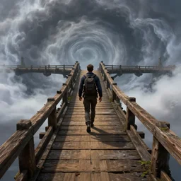 screenshoot from starcraft gameplay walking on an old wood bridge, 2 meters, swirly clouds in the background, art by james jean and wayne barlowe and moebius, high details, contrasted colors, cinematic, cgsociety 8 k