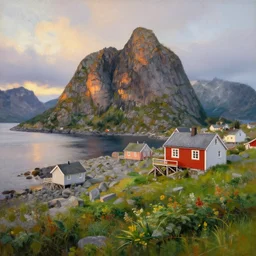 overgrown norwegian village at the coast, sunset, arctic, beautiful, oil painting