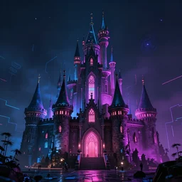 Cyberpunk Castle, neon art, cyberwave