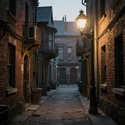 photorealistic Victorian city slum back street. Evening sunlight. lens flare. Gaslight street lamps. 8K. detailed. photorealism. artstation. 25mm f/1.7 ASPH Lens. ultra realistic