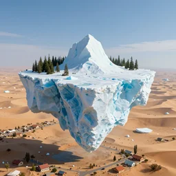 giant iceberg floating in air on top of a desert town, a forest on top of the iceberg, panoramic view, daytime, hyper detailed, 4 k