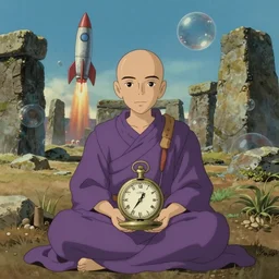 hyperrealist, studio ghibli dull colors portrait from close encounters of the third kind 1 9 7 7 of a mauve pocketwatch monk meditating rocketing through a cubic bubble jungle desert stonehenge.