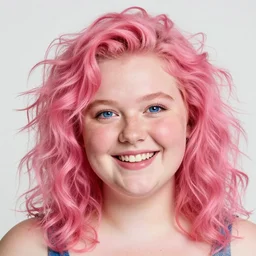 a dslr 8 5 mm professional portrait of a teenage white girl, chubby, round and soft features, freckles, pink undertones, round blue eyes, wild thick pink curls, joyful smile, jubilant, portrait by annie leibowitz