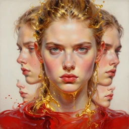 3 d, close - up, boiling liquid gold and red water, frown fashion model, poster art, high detail, intricate oil painting, multiple exposure, bright mood, hyperrealism, 3 d, by tooth wu and wlop and beeple and greg rutkowski