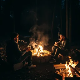 a photo of three friends sitting by a campfire at night in the woods laughing smoking and drinking